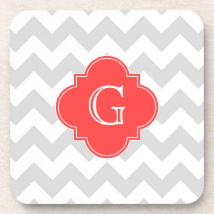 Posavasos Monograma rojo coralino blanco gris de Lt Chevron