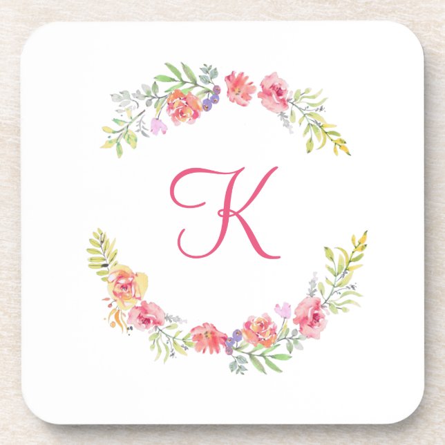 Posavasos Monograma rosa, amarillo y verde floral acuarela  (Frente)