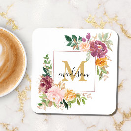 Posavasos Monograma Rosa de acuarela elegante Botánica flora