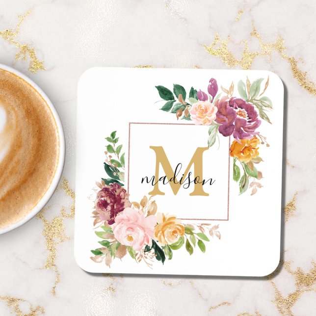 Posavasos Monograma Rosa de acuarela elegante Botánica flora (In situ)