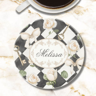 Posavasos Monograma Rosa Vintage Flores de diamante blanco n