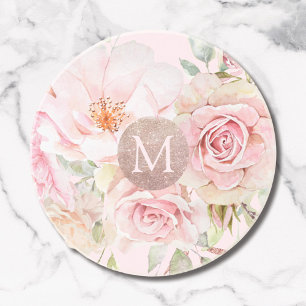 Posavasos Monograma Rosado Dorado Flores Acuarela Floral 