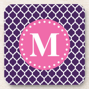 Posavasos Monograma rosado morado del Entramado marroquí
