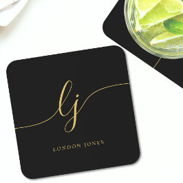 Posavasos Monograma simple caligrafía elegante oro negro