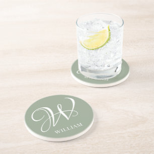 Posavasos Monograma verde de sabio personalizado inicial