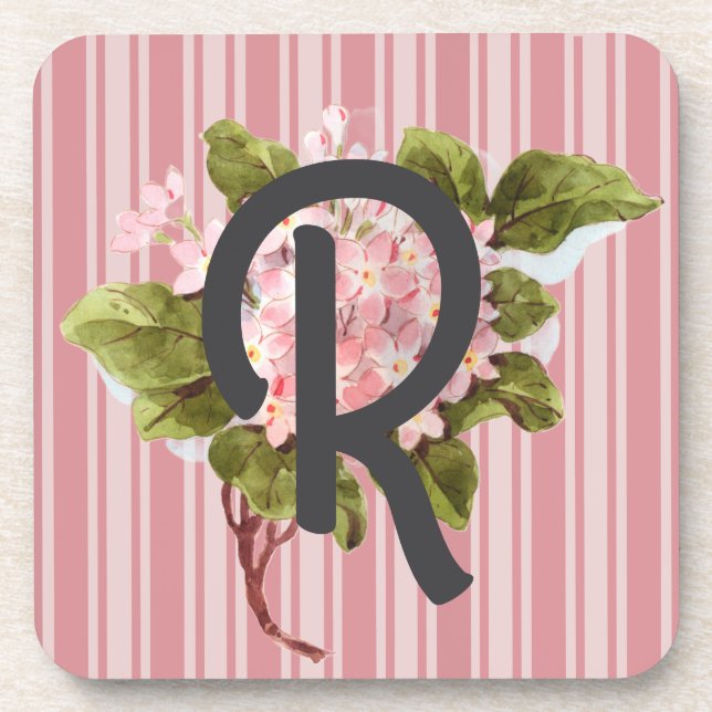 Posavasos Monograma y flores sobre rayas rosadas (Frente)