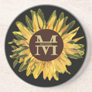 Posavasos Monograma y nombre de girasol ruso personalizado