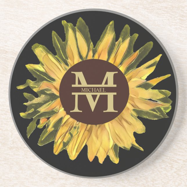 Posavasos Monograma y nombre de girasol ruso personalizado (Frente)