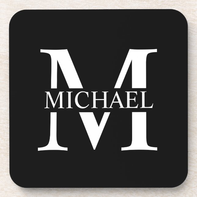Posavasos Monograma y nombre personalizados en negro (Frente)