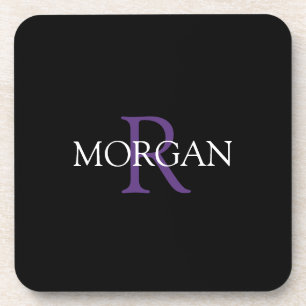 Posavasos Monograma y nombre personalizados, texto morado y