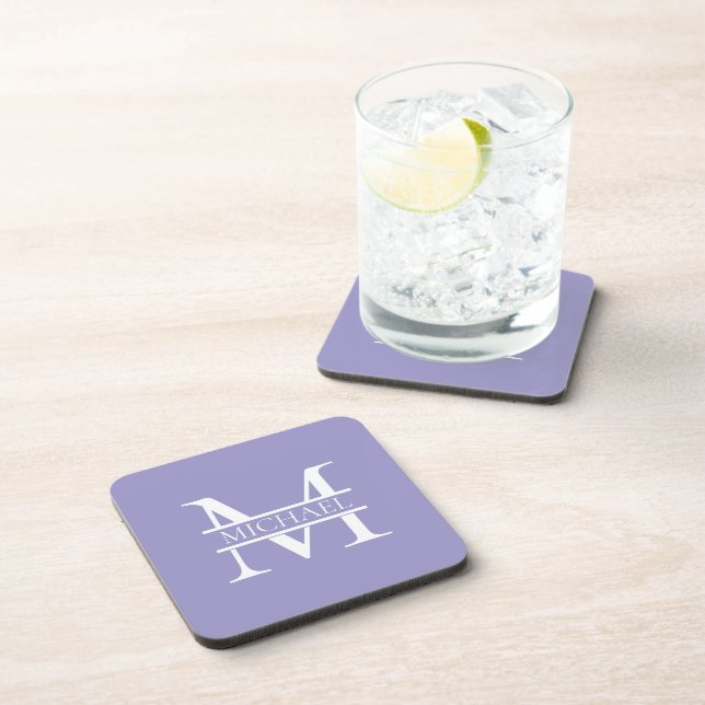 Posavasos Monograma y nombre púrpura personalizado elegante (Lado Derecho)