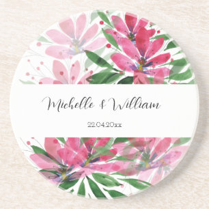 Posavasos Monogramación de color de agua floral rosa boho