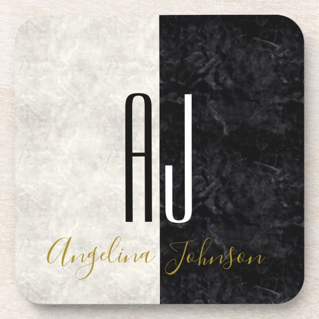 Posavasos Monogramado de Iniciales Modernas en Blanco y Negr (Frente)