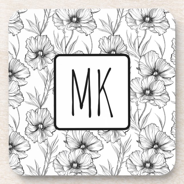 Posavasos Monogramado floral blanco y negro moderno (Frente)