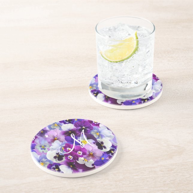 Posavasos Monomograma Pansy Floral Flores Azul Morado Blanco (Lado)