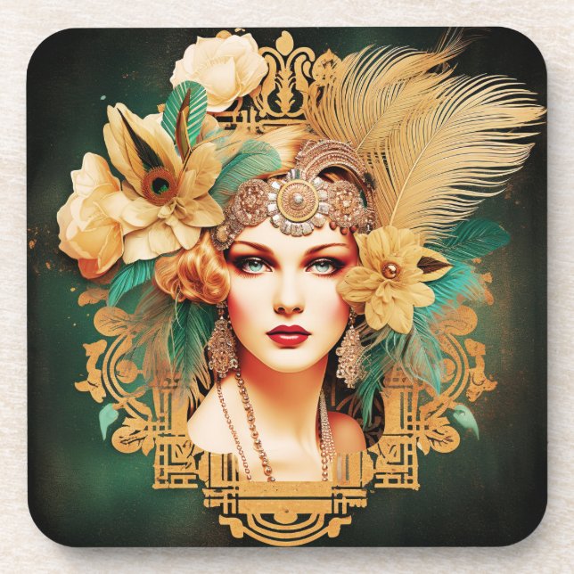 Posavasos Montaje de 6 estrellas Art Deco Lady Coasters (Frente)
