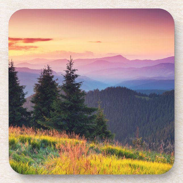 Posavasos Montañas del atardecer, árboles de pinos de la sel