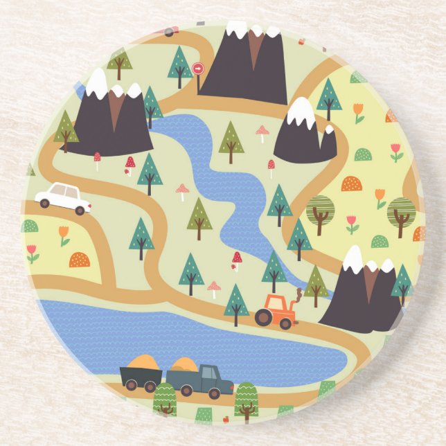 Posavasos Montañas, ríos, bosque, patrón de autos. (Frente)