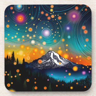 Posavasos Monte Rainier w Evening Starry Sky y luciérnagas