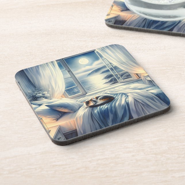 Posavasos Moonlit Coastal Bedroom with Sleeping Cat (Lado Izquierdo)