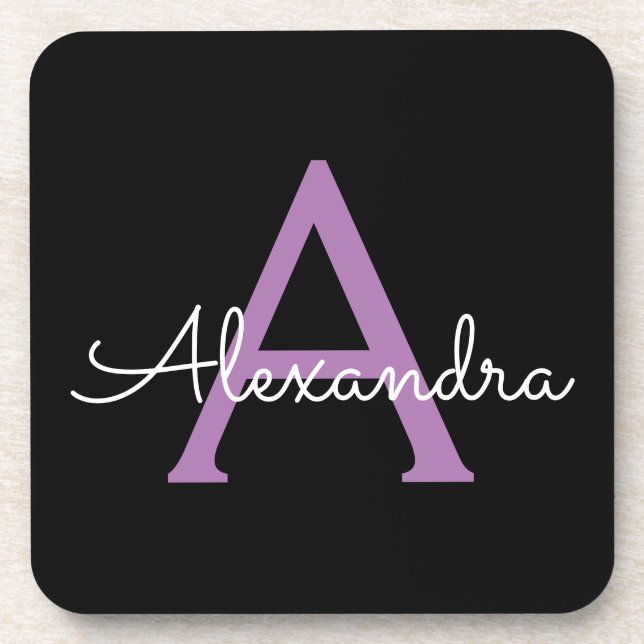 Posavasos Morado Black Script Girly Monograma Nombre (Frente)