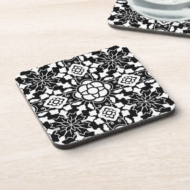 Posavasos Mosaico floral marroquí, negro y blanco (Lado Izquierdo)