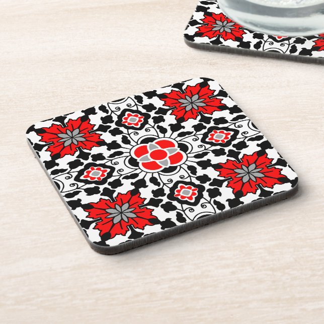 Posavasos Mosaico floral marroquí, rojo profundo, negro y bl (Lado Izquierdo)