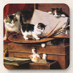 Posavasos Mother Cat and Kittens on Table