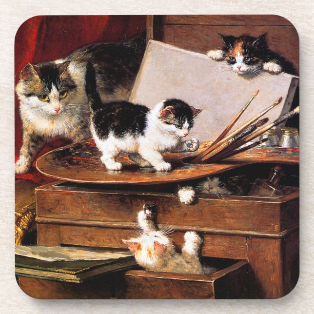 Posavasos Mother Cat and Kittens on Table (Frente)