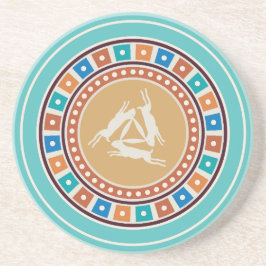 Posavasos motivo de tres liebres y patrón de geometría vinta