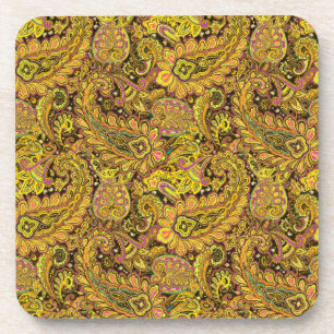 Posavasos Motivo Paisley en Amarillo, Marrón sobre Fondo Neg