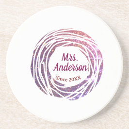 Posavasos Mrs name pink mauve border since year wedding brid