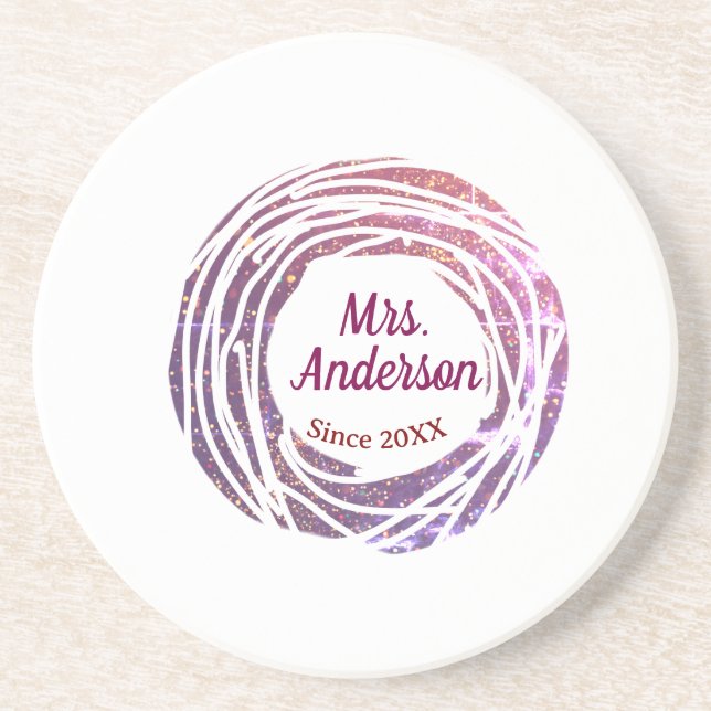 Posavasos Mrs name pink mauve border since year wedding brid (Frente)