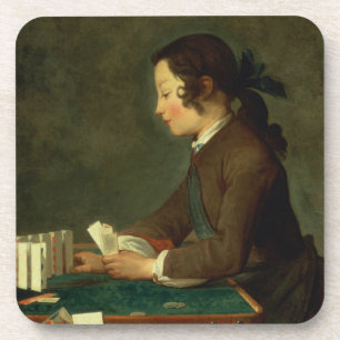 Posavasos Muchacho que construye un castillo de las tarjetas