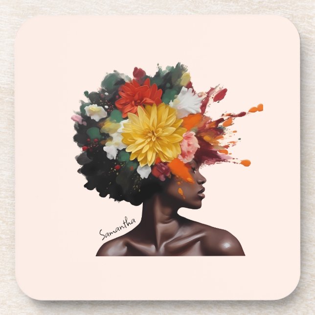 Posavasos Mujer afroamericana con pelo afro floral (2) (Frente)