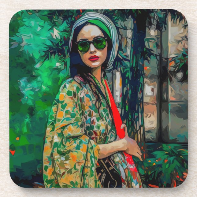 Posavasos Mujer con gafas de sol verdes (Frente)