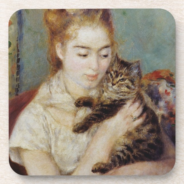 Posavasos Mujer con un gato de Pierre-Auguste Renoir (Frente)