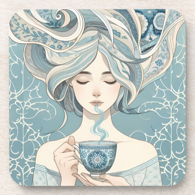 Posavasos Mujer de mosaico otomano con té - Flujo azul suave (Frente)
