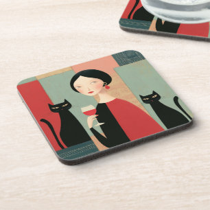 Posavasos Mujer elegante gatos negros y vino