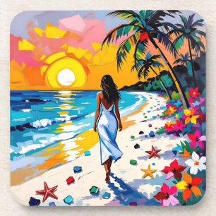 Posavasos Mujer en Escena Tropical de Playa