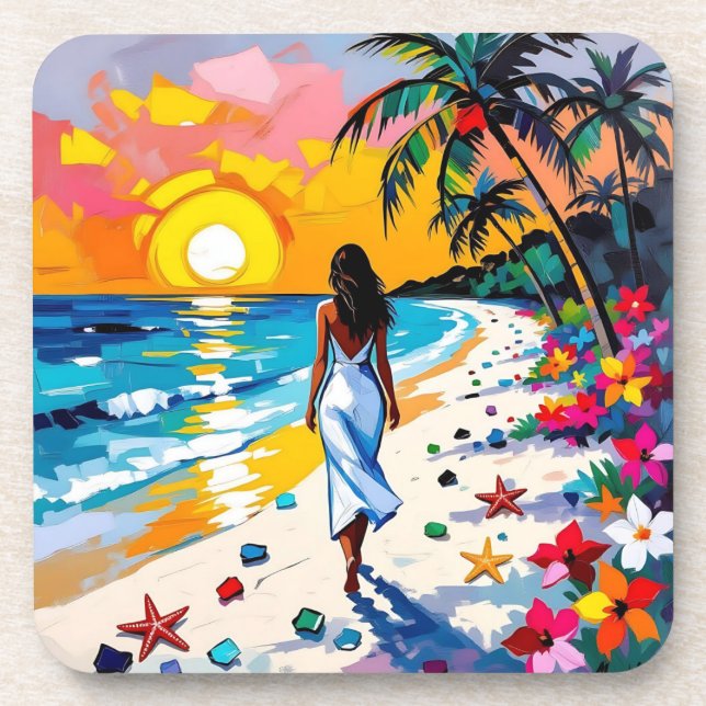 Posavasos Mujer en Escena Tropical de Playa (Frente)