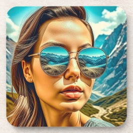 Posavasos Mujer Hermosa en Gafas de Sol Reflexión de Montaña