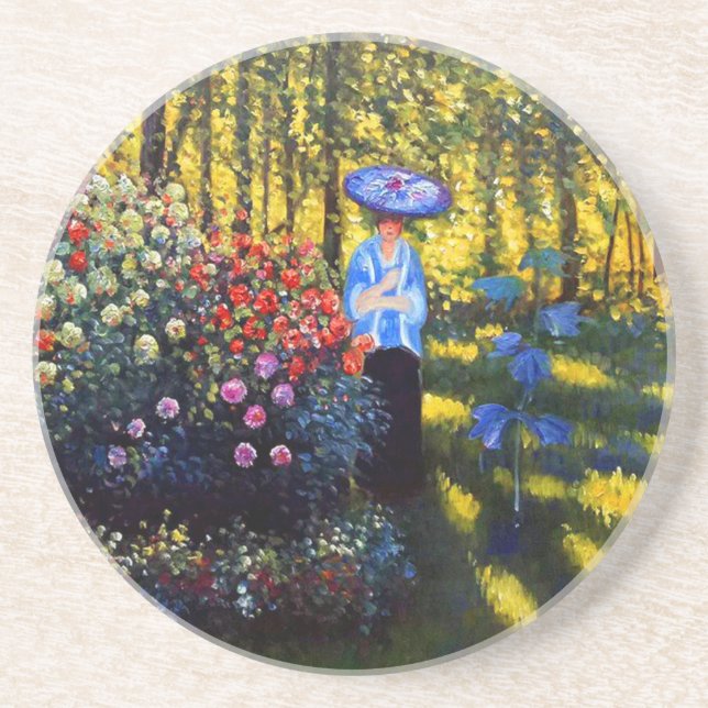 Posavasos Mujer Monet con una sombrilla en el jardín (Frente)