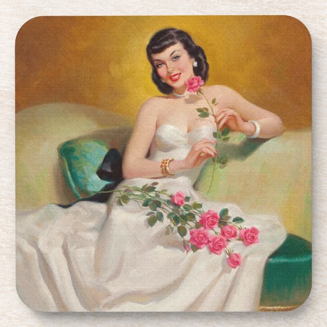 Posavasos Mujer retro de los años 50 con Rosas (Frente)