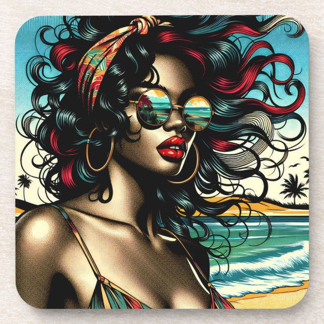 Posavasos Mujer Retro en Playa Estilo Cómic Pop Art (Frente)
