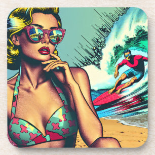 Posavasos Mujer Retro Rubia Atractiva y Chico Surfista