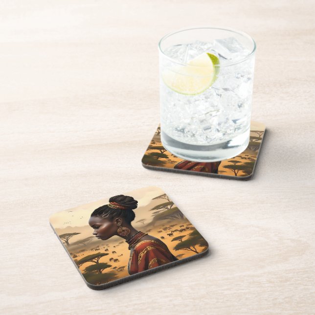 Posavasos Mujer Tribal Vigilando Su Paisaje Africano, (Lado Derecho)