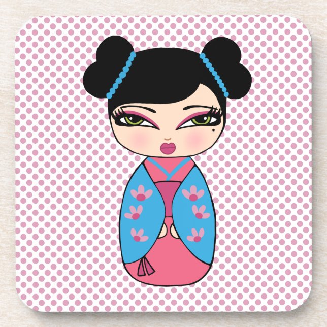 Posavasos Muñeca Kokeshi 2 gallos con espalda de corcho - co (Frente)