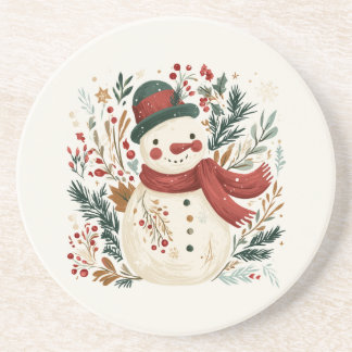 Posavasos Muñeco de nieve retro con sombrero verde y bufanda