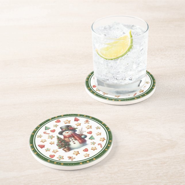 Posavasos Muñeco de nieve y galletas de Navidad de arenisca (Lado)
